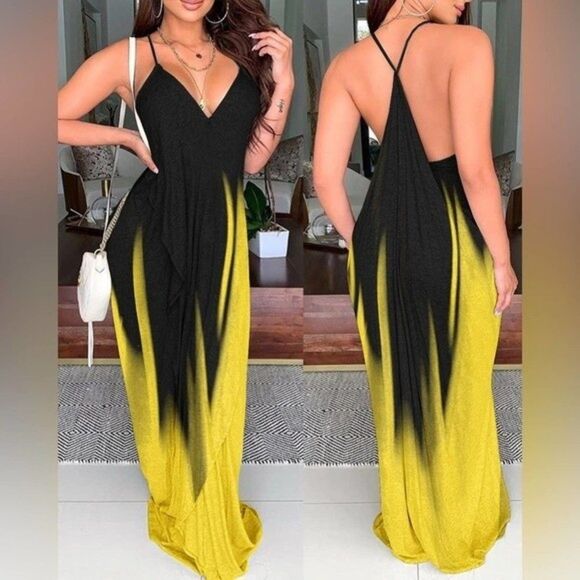 Chic Me Black & Yellow Ombré Backless Deep V-neck, Maxi Dress - Sz. XL - Picture 1 of 6